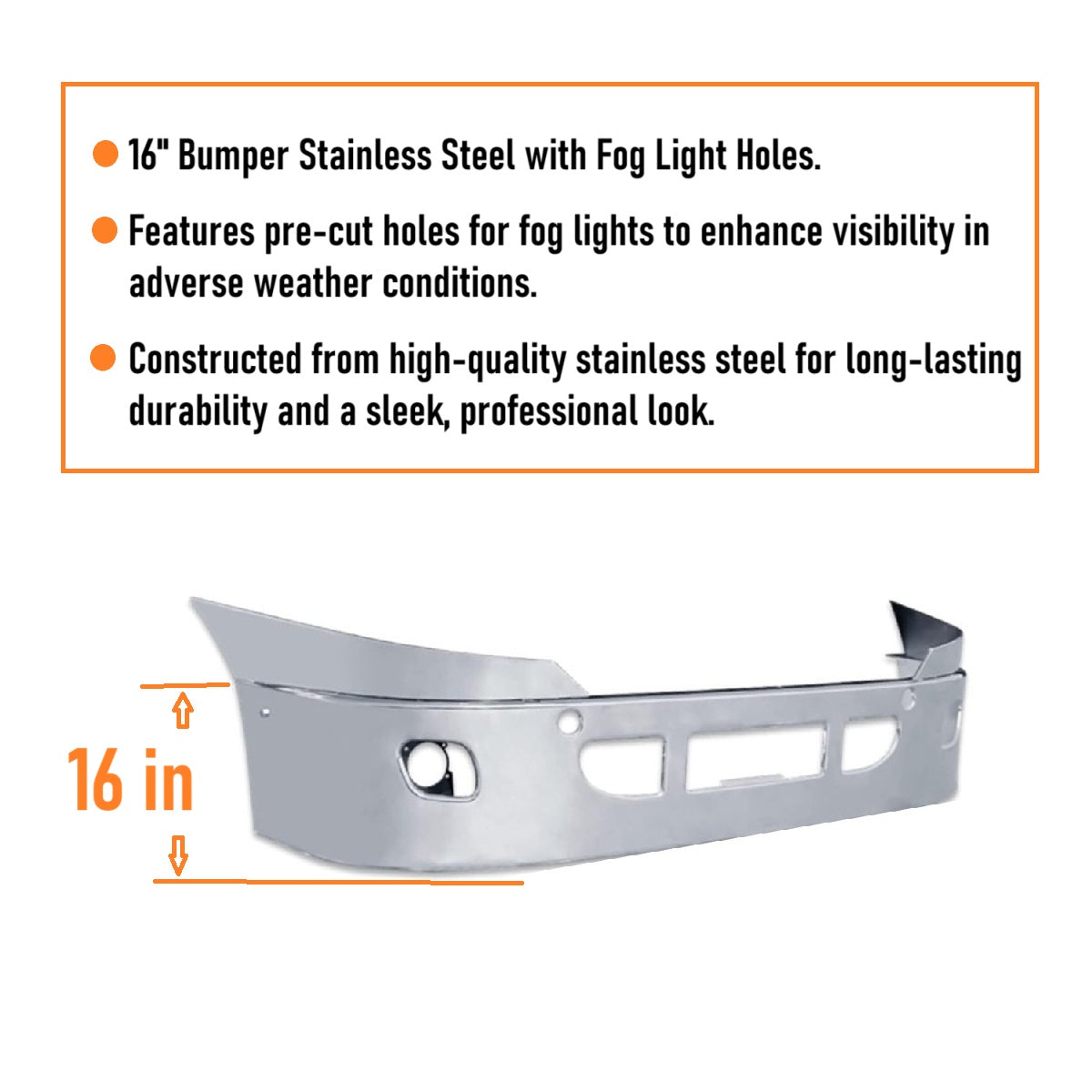 freightliner cascadia 2008-2017 16'' stainless steel bumper with fog light hole