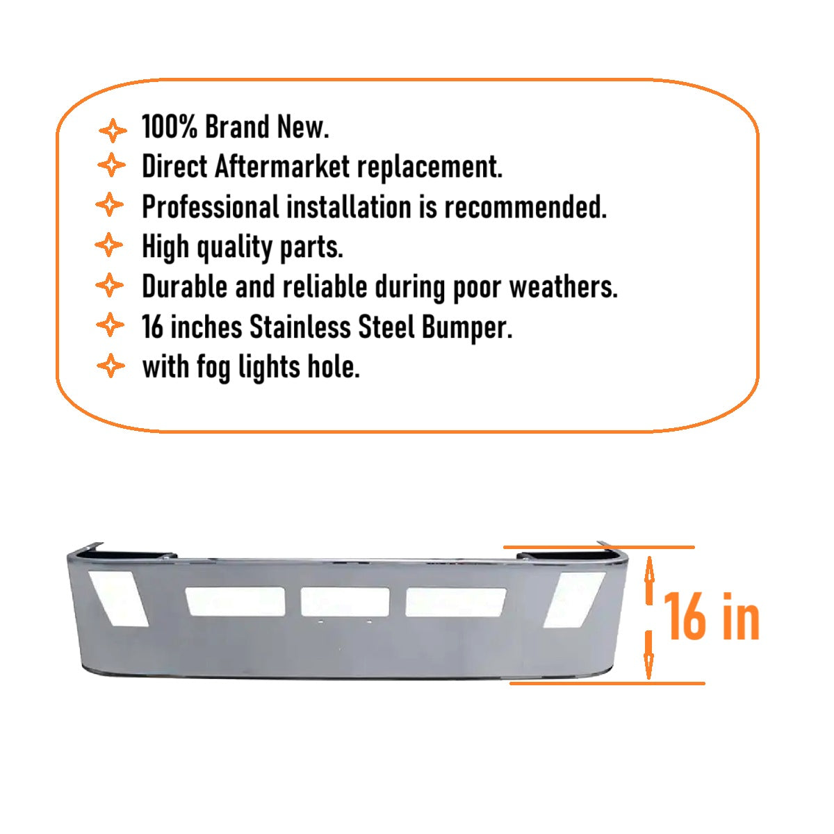 Volvo VNL 2004-2017 16 inches Stainless Steel Bumper with fog lights hole