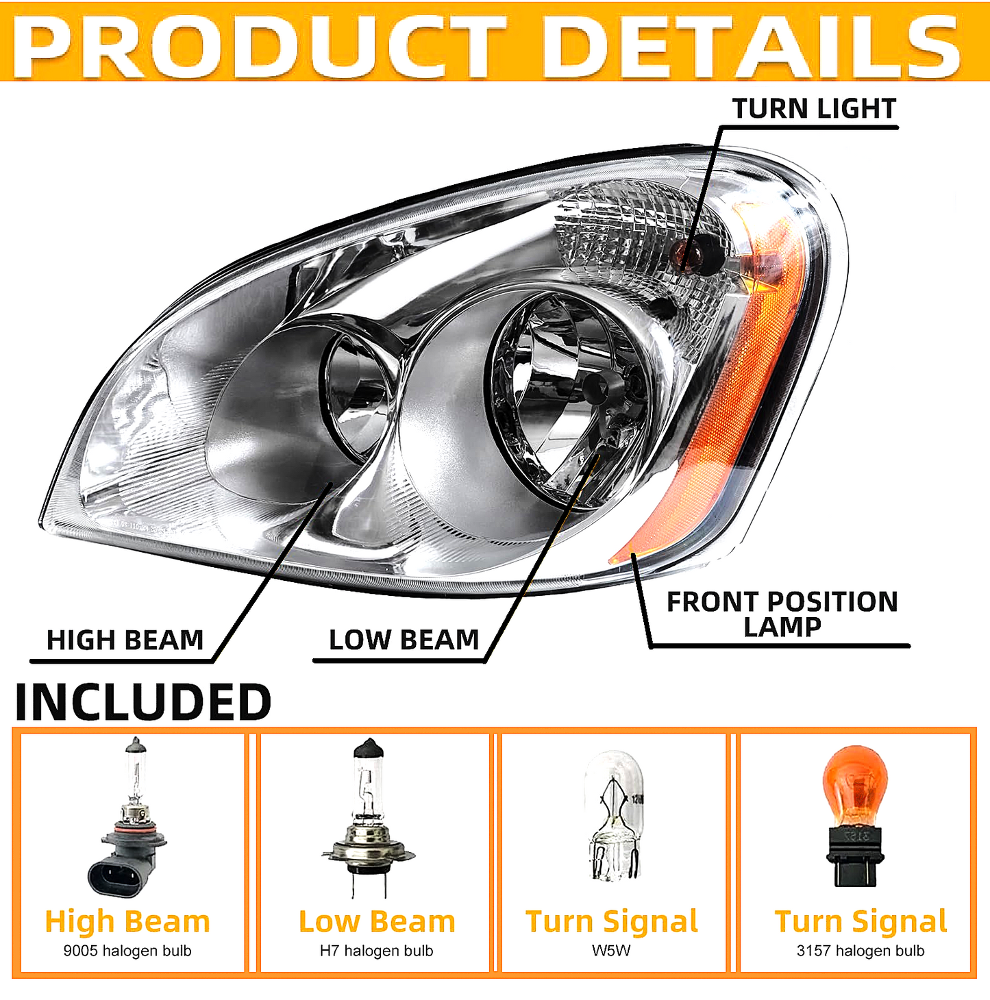 Freightliner Cascadia 2008-2017 Headlamp Left Driver Side | Chrome Housing Halogen Headlight