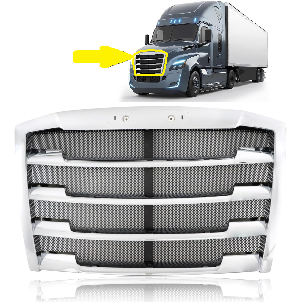 Freightliner Cascadia 2018-Current Chrome Front Radiator Grille Grill with Bug Screen, Replacement 17-20801-001