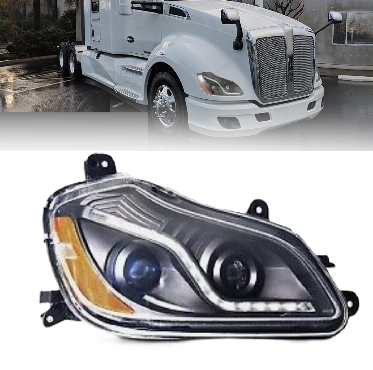 Black Projector Headlights Assembly with LED Bar for Kenworth T680 2013-2017