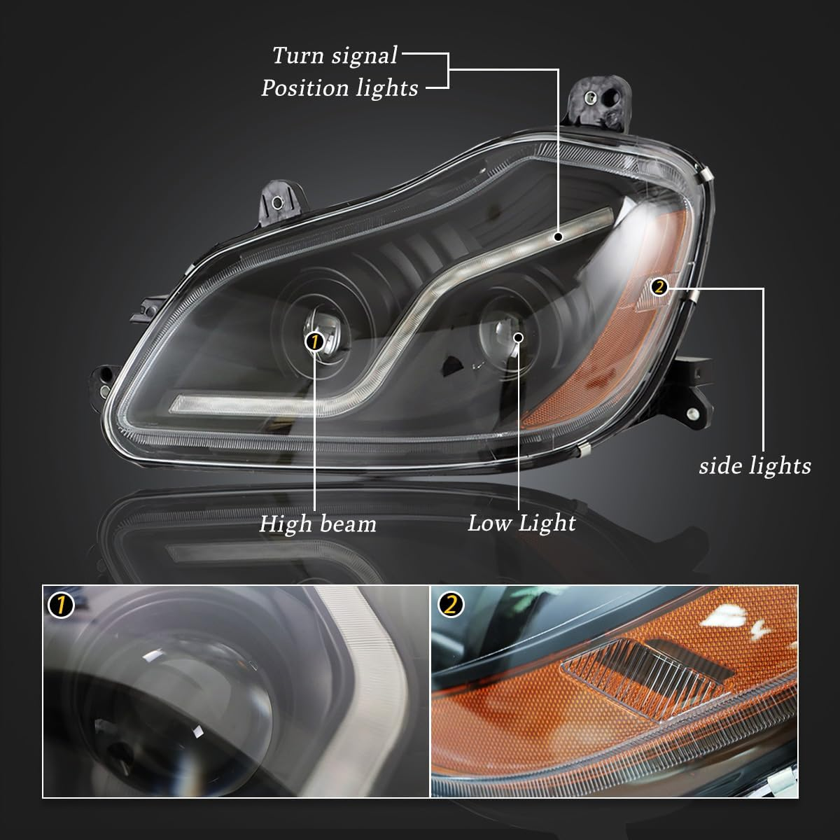 Black Projector Headlights Assembly with LED Bar for Kenworth T680 2013-2017