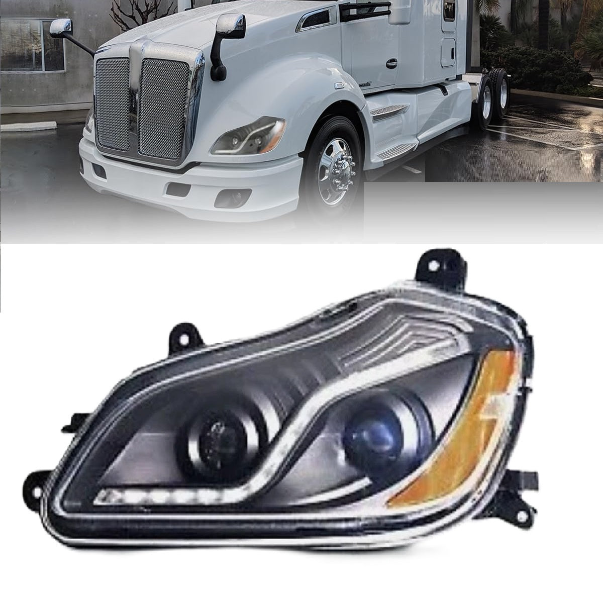 Black Projector Headlights Assembly with LED Bar for Kenworth T680 2013-2017