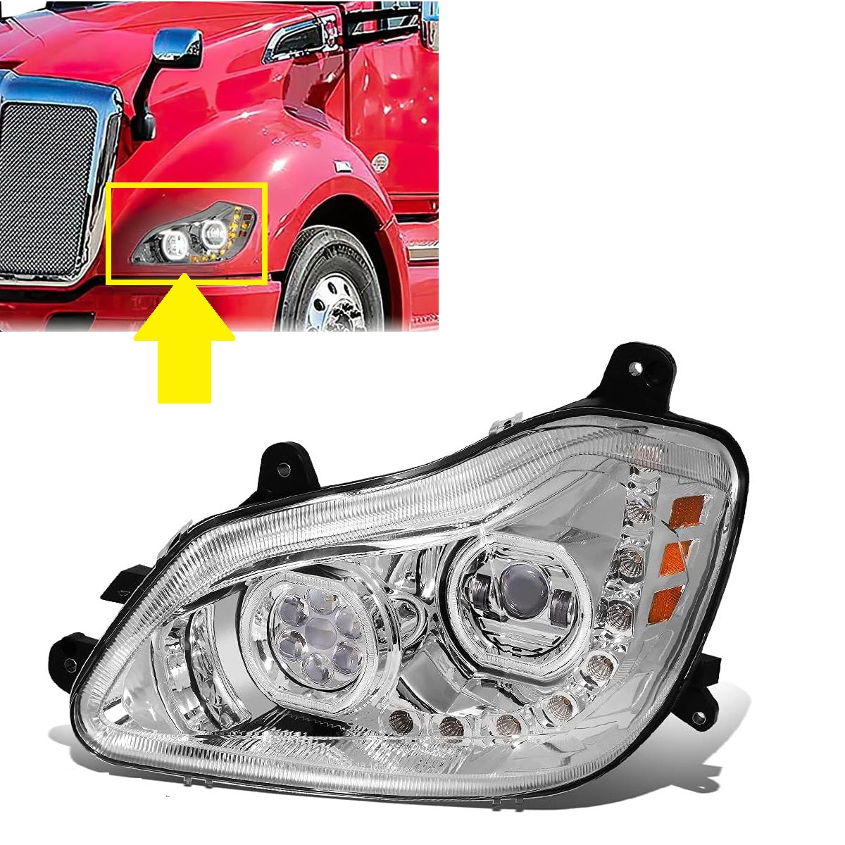 Kenworth T680 2013-2021 Full LED Headlight | Halo Rings Daytime Running Light Chrome Housing