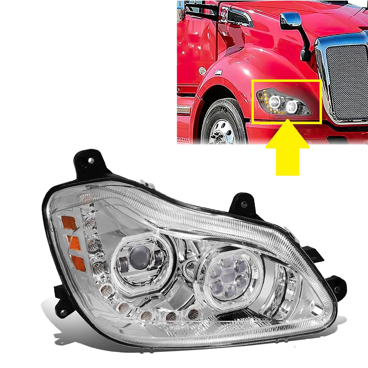 Kenworth T680 2013-2021 Full LED Headlight | Halo Rings Daytime Running Light Chrome Housing