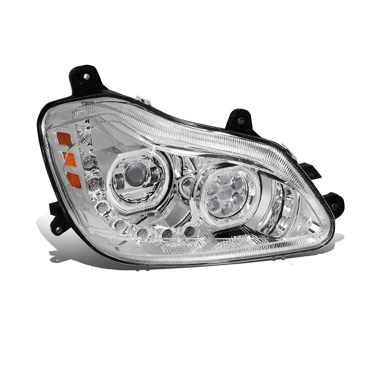 Kenworth T680 2013-2021 Full LED Headlight | Halo Rings Daytime Running Light Chrome Housing
