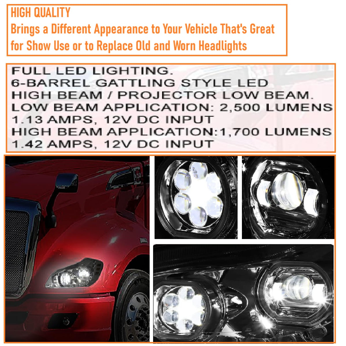 Kenworth T680 2013-2021 Full LED Headlight | Halo Rings Daytime Running Light Chrome Housing
