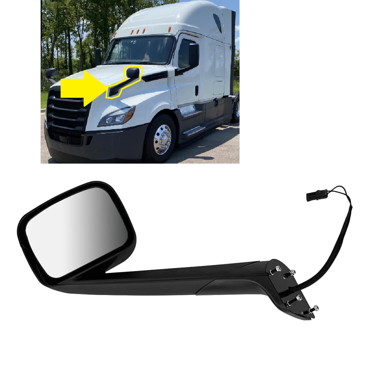 Freightliner Cascadia 2018+ Hood Mirror with Heated Glass, Black Cover Left Driver Side