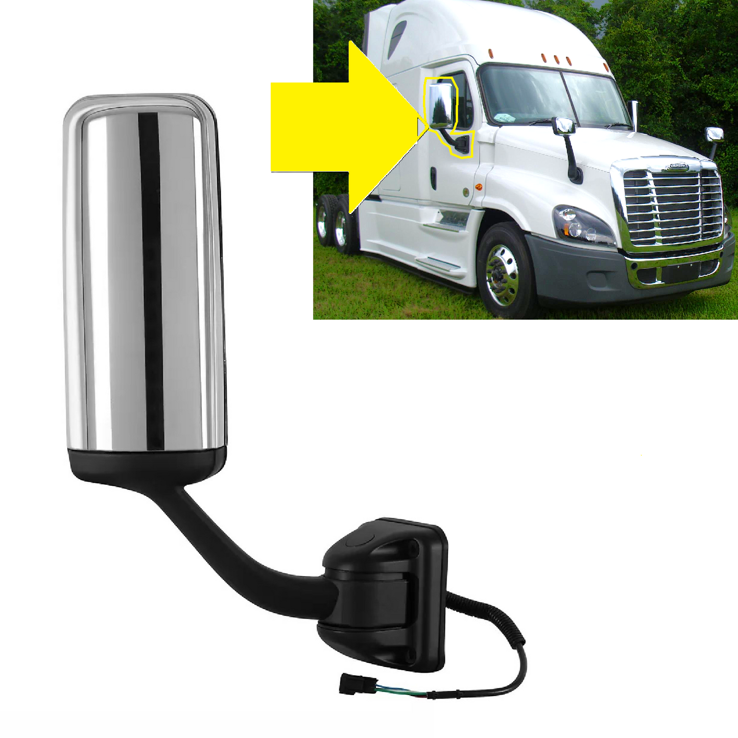 Freightliner Cascadia 2008-2015 Door Mirror, Chrome Door Mirror Assembly