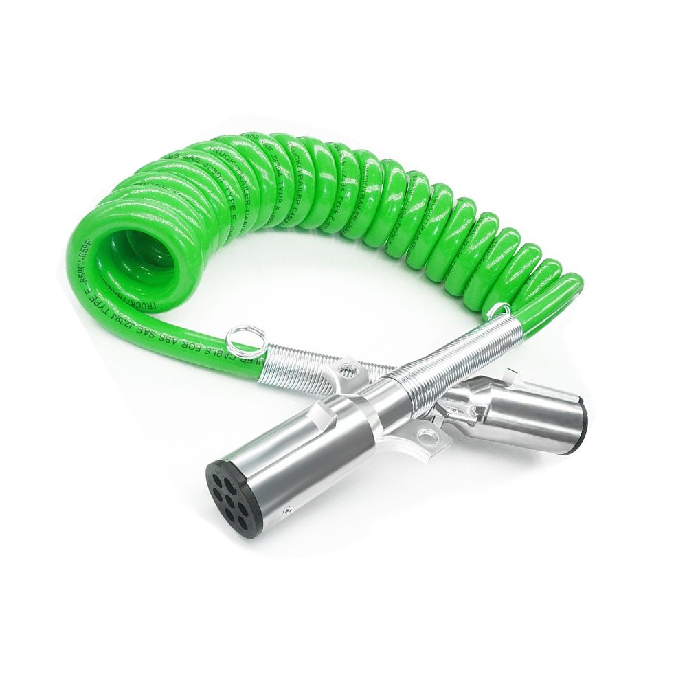 7 WAY ELECTRICAL COILED CABLE ABS DUTY GREEN 12FT FOR SEMI-TRUCK TRAILER