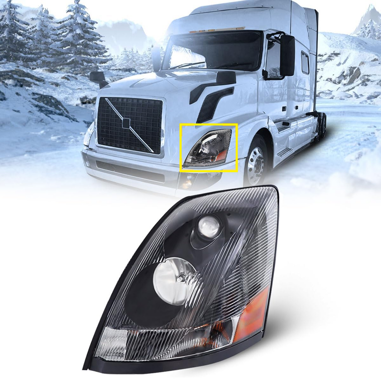 Volvo VNL 2004-2017 Halogen Headlight, Black Headlamp Left Driver Side