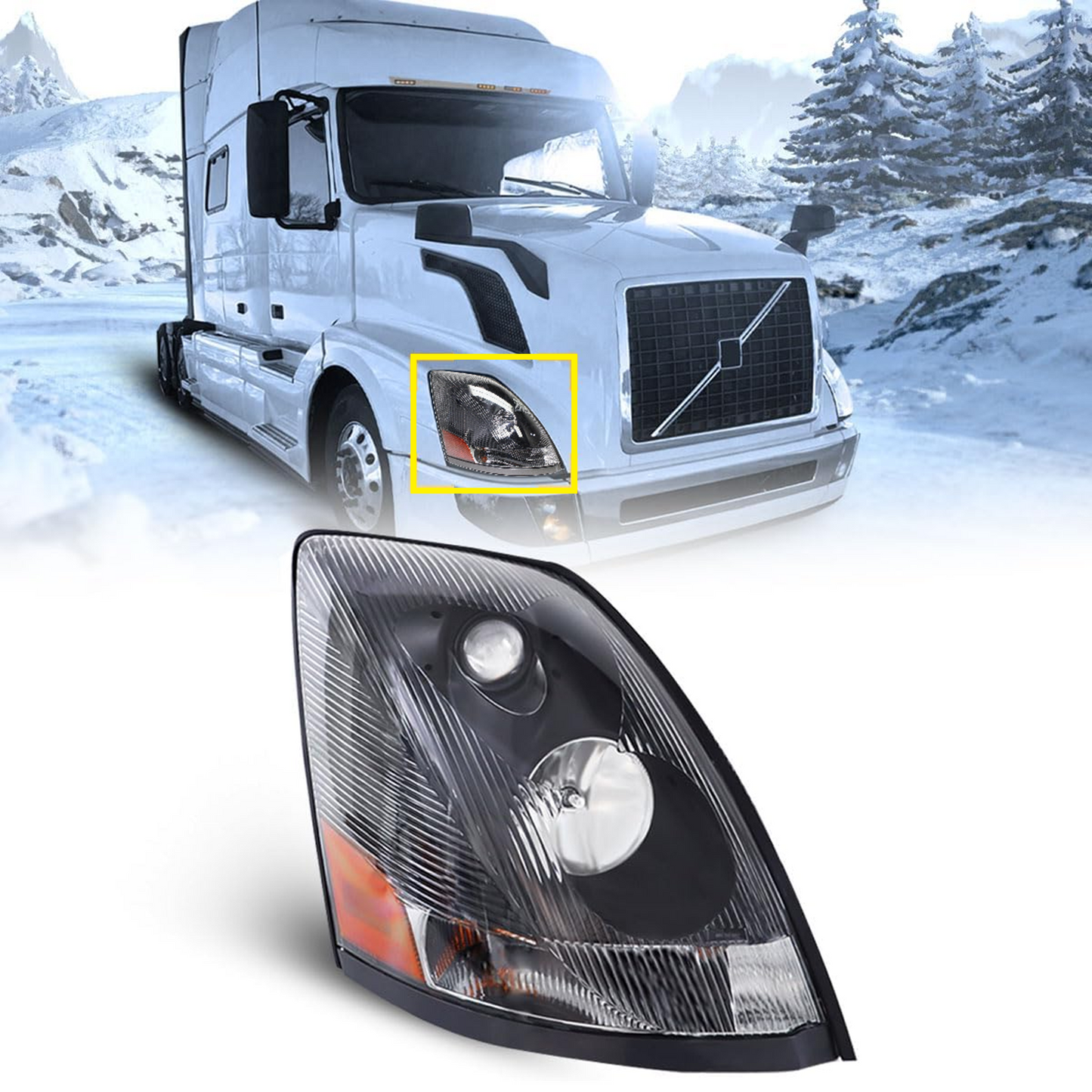 Volvo VNL 2004-2017 Halogen Headlight, Black Headlamp Right Passenger Side