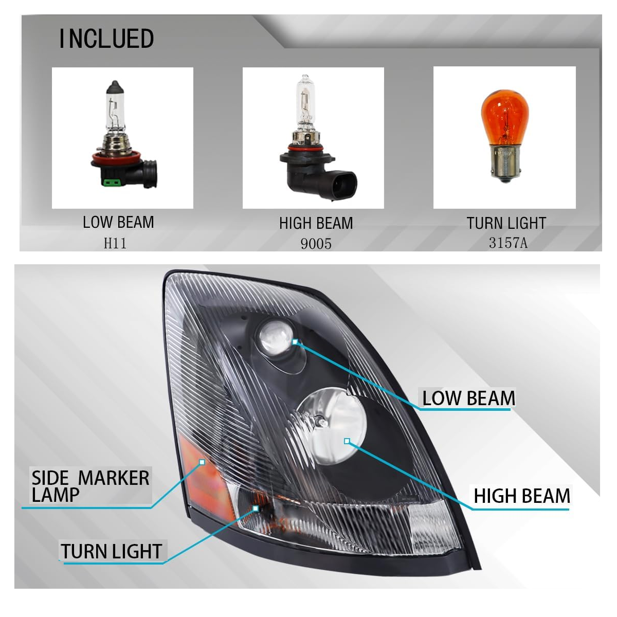 Volvo VNL 2004-2017 Halogen Headlight, Black Headlamp Right Passenger Side