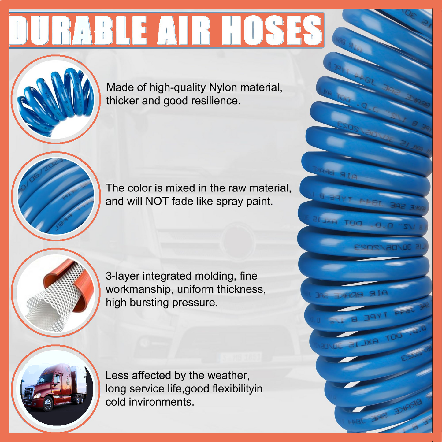 Heavy-Duty Coiled Air Brake Hose Kit – 15-Foot Blue and Red Pigtail Air Line with 1/2" NPT DOT Fittings for Semi Trucks and Trailers