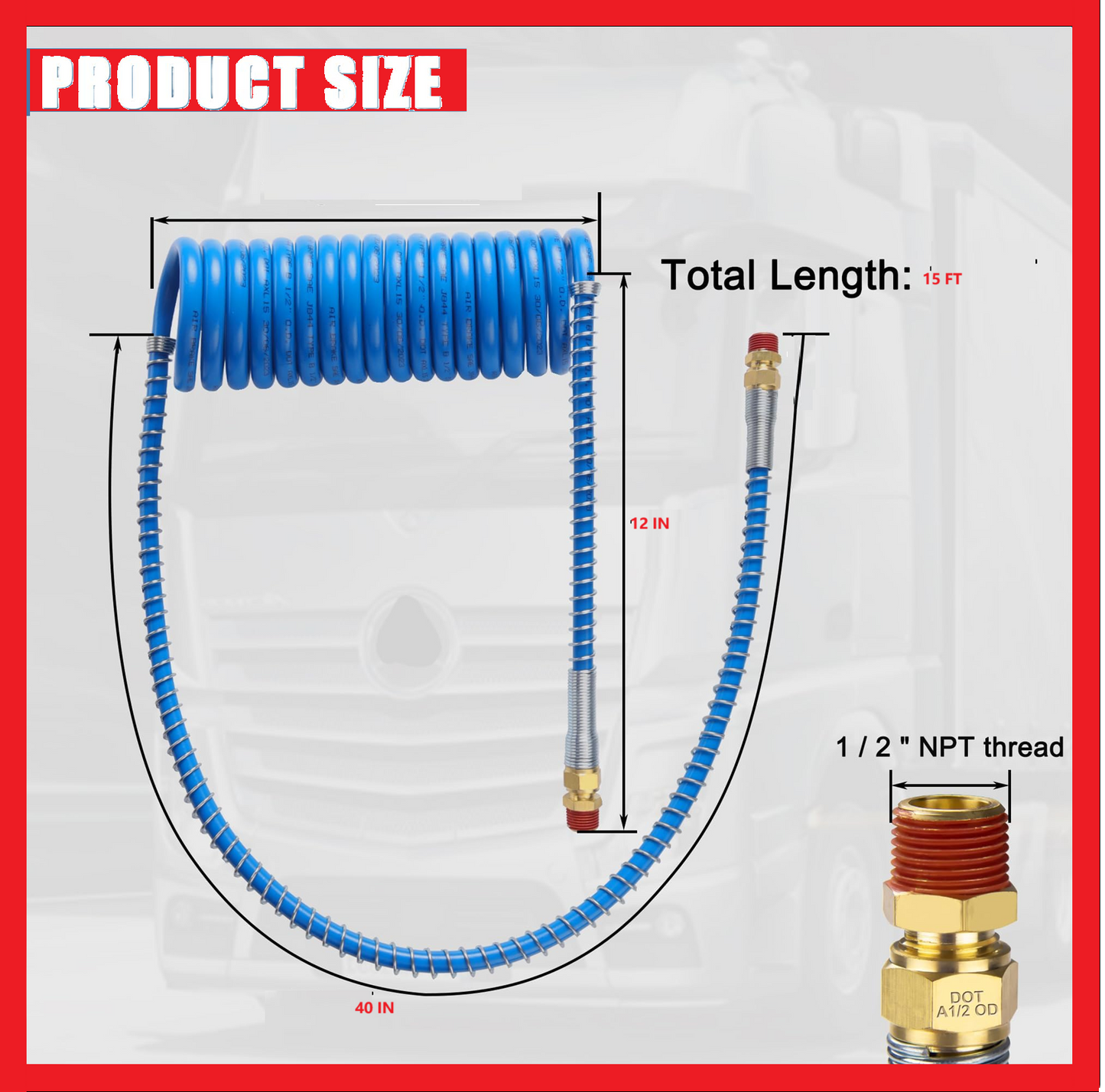 Heavy-Duty Coiled Air Brake Hose Kit – 15-Foot Blue and Red Pigtail Air Line with 1/2" NPT DOT Fittings for Semi Trucks and Trailers