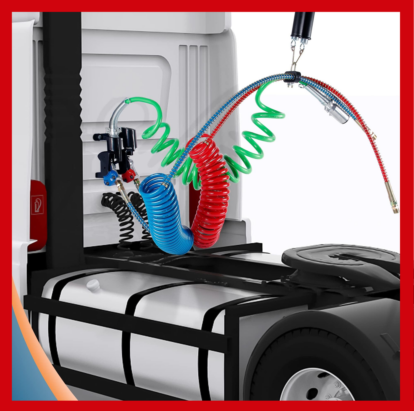 Heavy-Duty Coiled Air Brake Hose Kit – 15-Foot Blue and Red Pigtail Air Line with 1/2" NPT DOT Fittings for Semi Trucks and Trailers