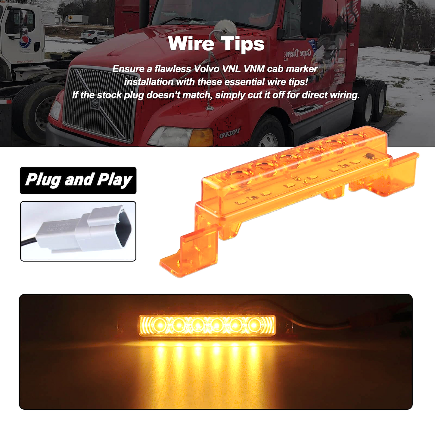 Top Marker Lights –Amber Lens LED Cab Roof Running Lights for Volvo VNL 2004–2020 Trucks