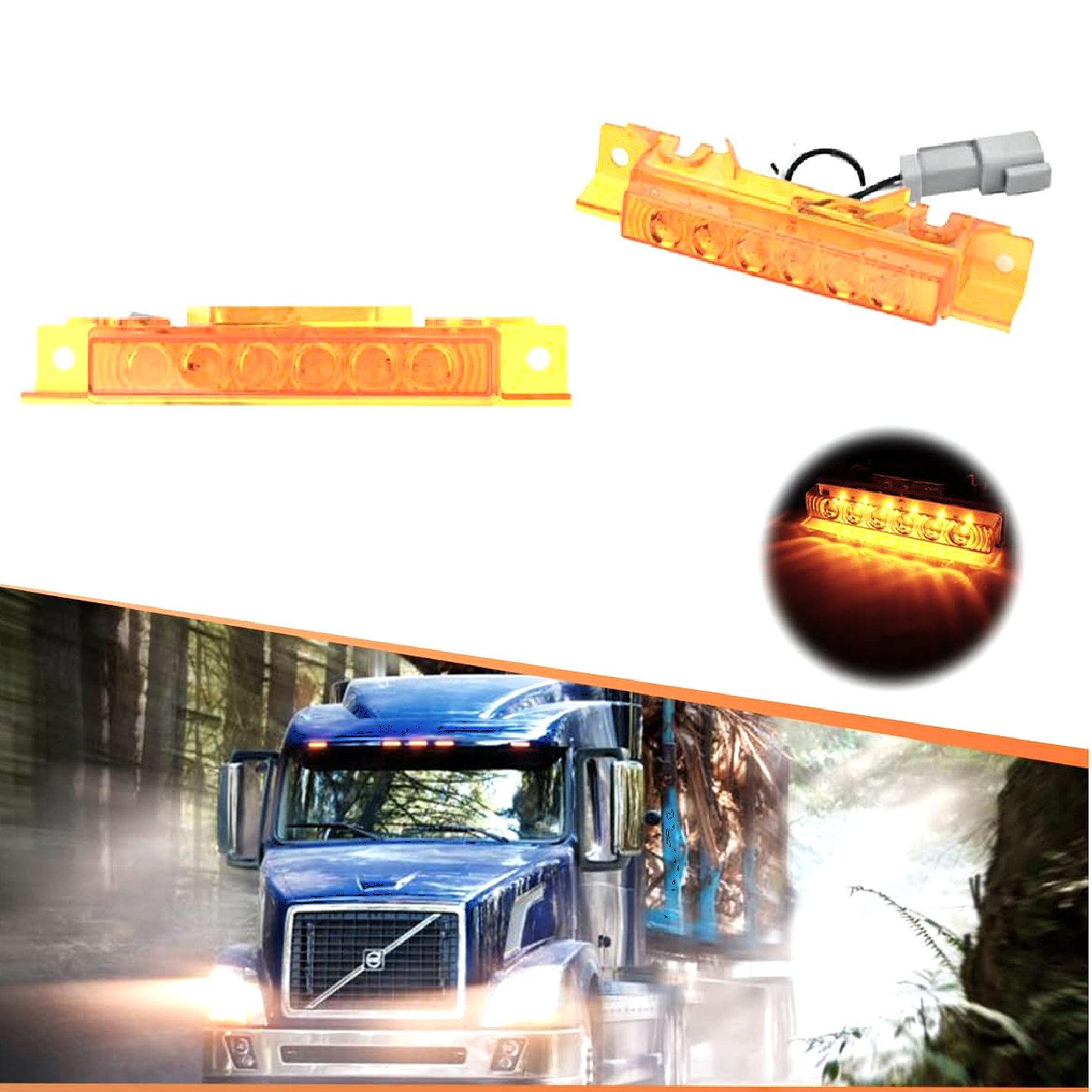 Top Marker Lights –Amber Lens LED Cab Roof Running Lights for Volvo VNL 2004–2020 Trucks
