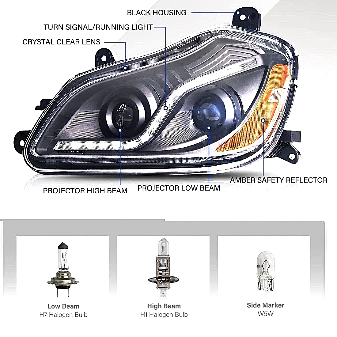Black Projector Headlights Assembly with LED Bar for Kenworth T680 2013-2017