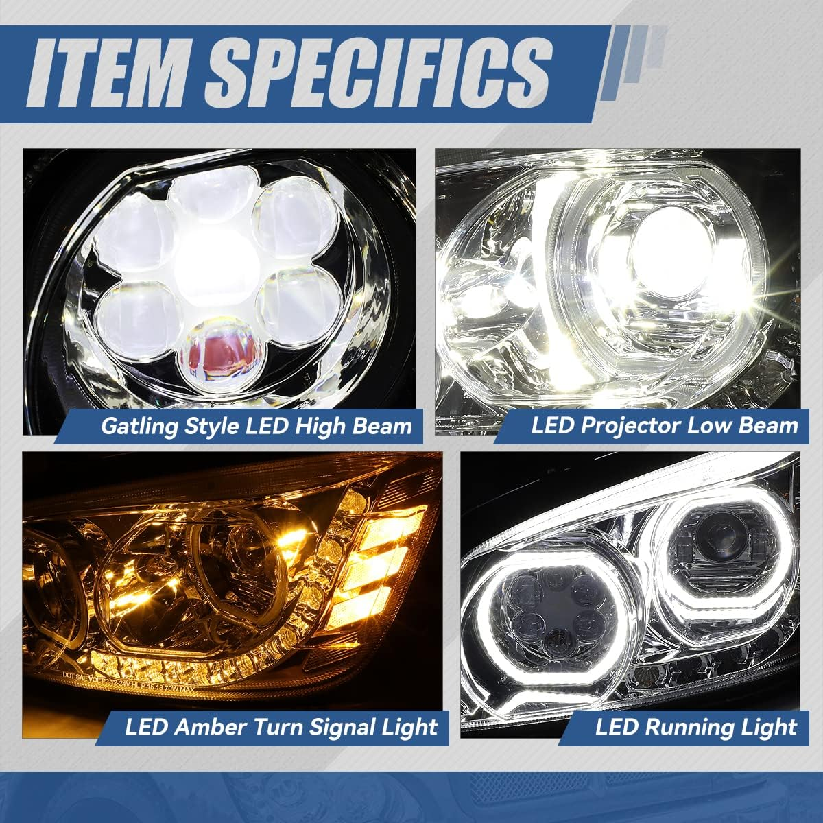 Kenworth T170 T270 T300 T370 T660 T700 2008-2019 Full LED Halo DRL Projector Headlights Assembly Chrome Housing 12V