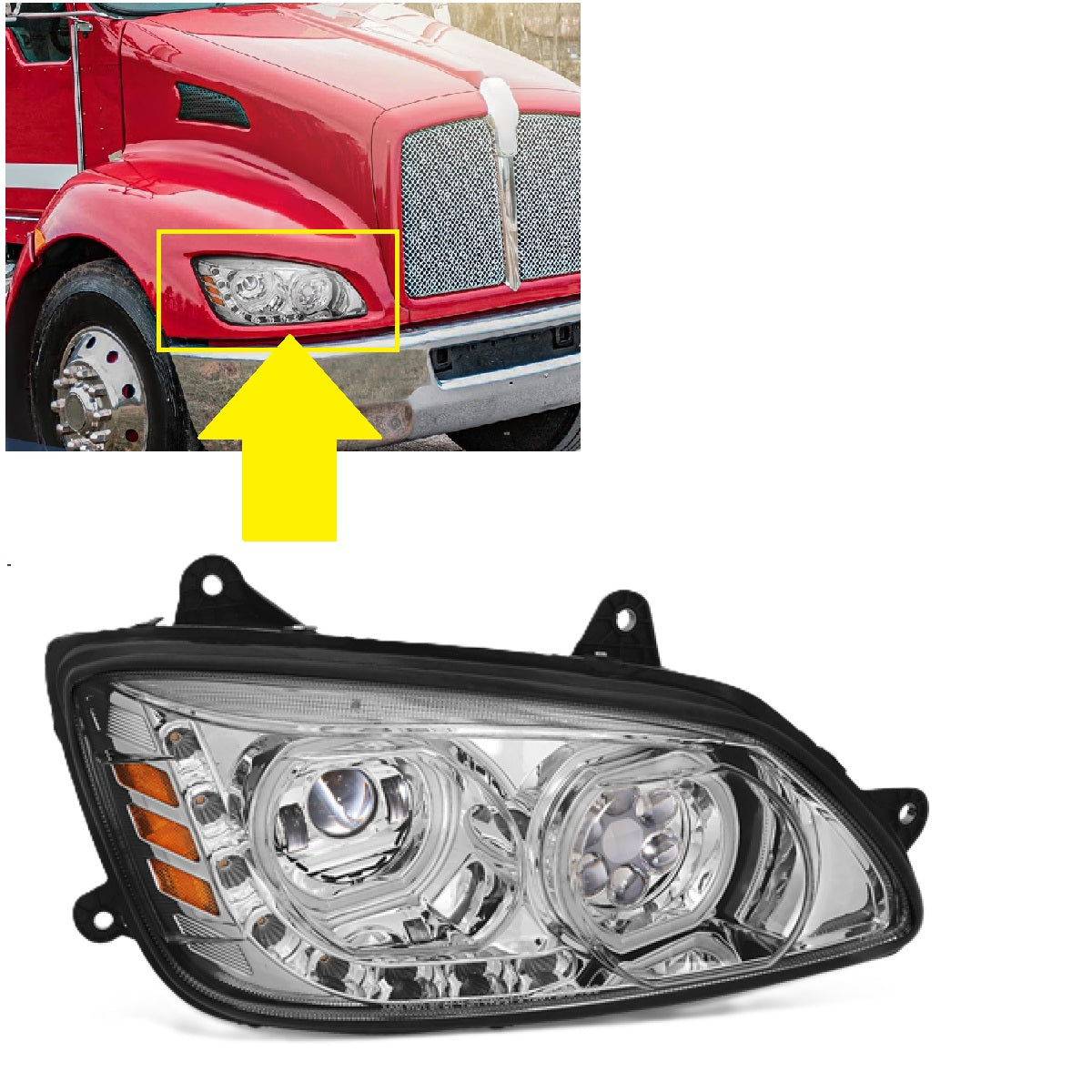 Kenworth T170 T270 T300 T370 T660 T700 2008-2019 Full LED Halo DRL Projector Headlights Assembly Chrome Housing 12V