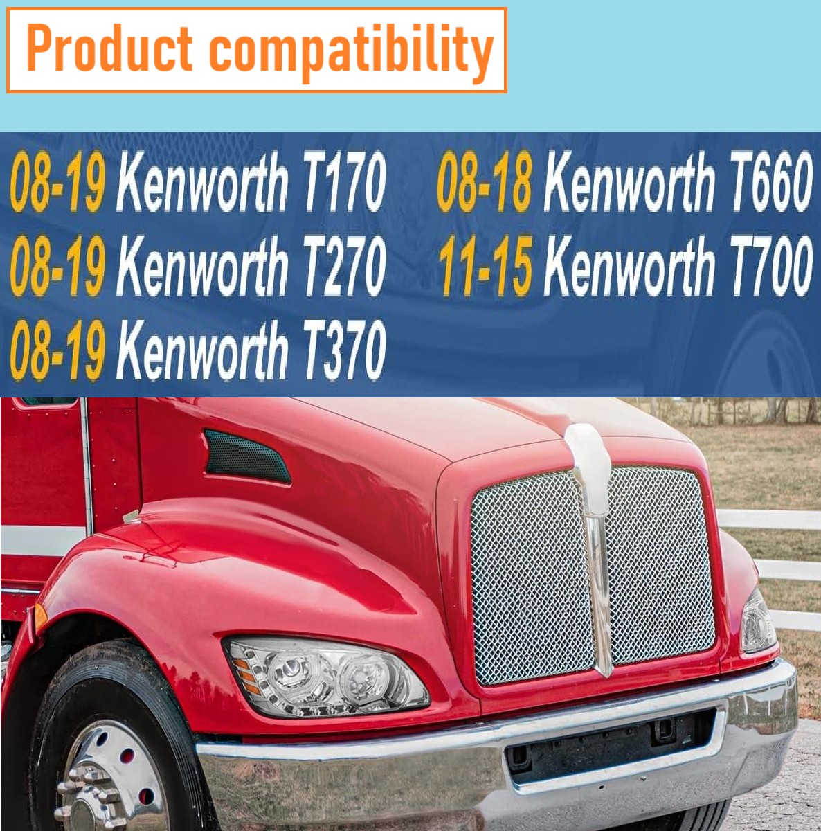Kenworth T170 T270 T300 T370 T660 T700 2008-2019 Full LED Halo DRL Projector Headlights Assembly Chrome Housing 12V