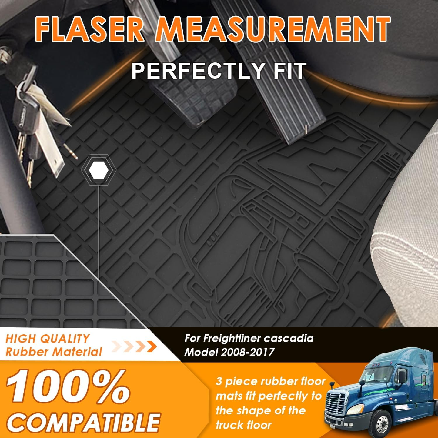 Freightliner Cascadia 2008-2017 Truck Floor Mats 3PCS Latex/Black