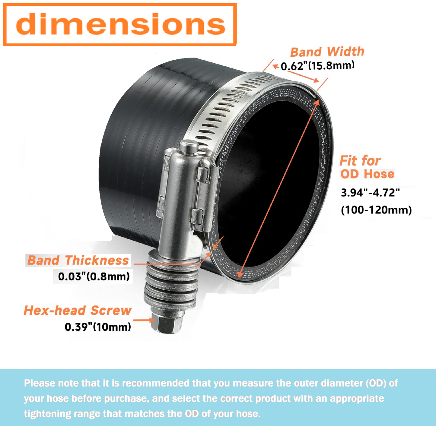 Heavy Duty Stainless Steel Hose Clamps, (3 15/16" - 4 3/4") 100-120mm, Seismic Rated for Trucks & Trailers