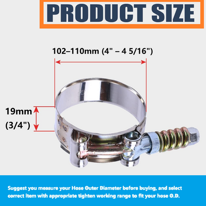 Stainless Steel Spring Loaded T-Bolt Hose Clamps 102–110mm (4" – 4 5/16") for Semi Truck & Trailer