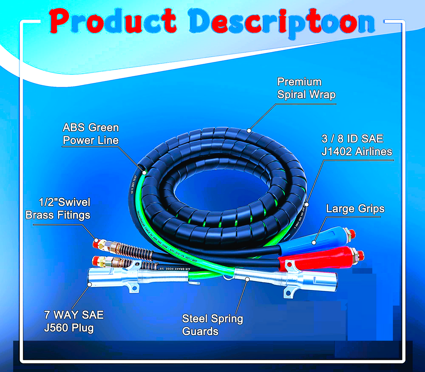 12 FT 3 in 1 power and air line, Air Brake Hose, Line& Coils for Semi Truck,Trailers