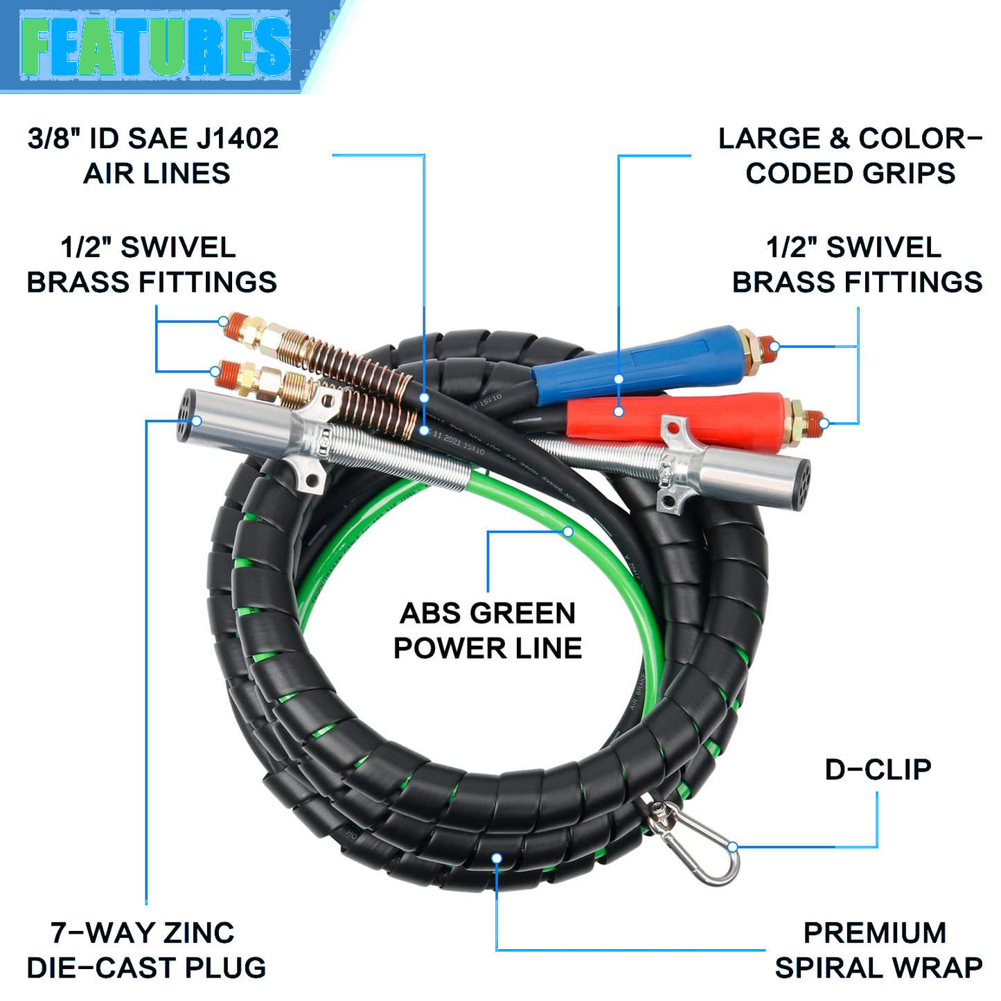 15 FT 3 in 1 ABS & Power Air Brake Hose Kit – 7-Way Electric Line with Rubber Air Hoses for Tractor Trailer, Semi Truck, and Heavy Duty Trailers