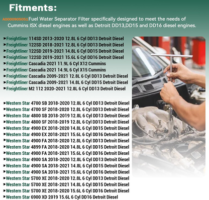 Fuel Water Separator Filter Compatible with Freightliner Cascadia Cummins ISX12/ ISX15/ISX Detroit Diesel Engine DD13/DD15/DD16 Replacement for A0000905051