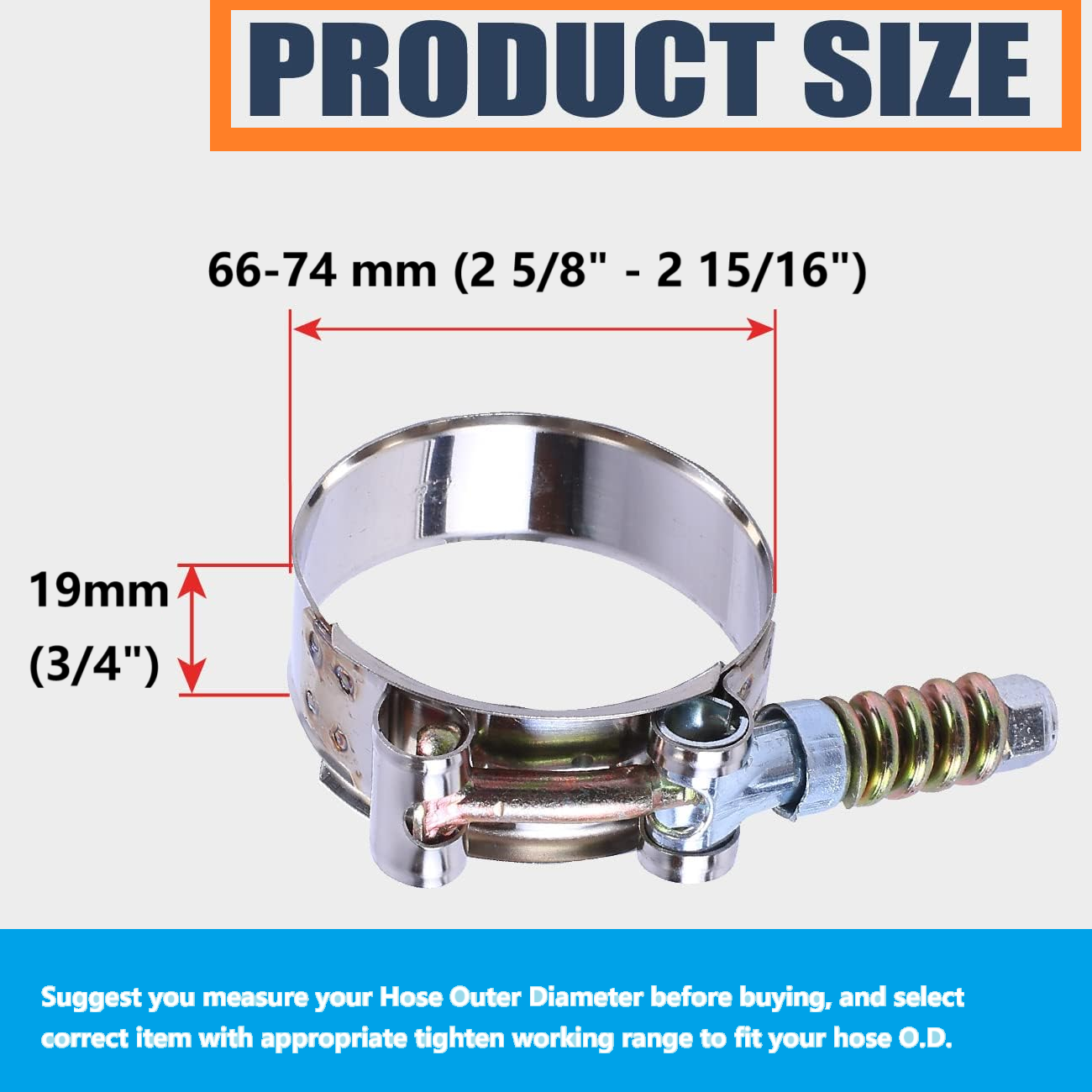 Stainless Steel Spring Loaded T-Bolt Hose Clamps 66-74mm (2 5/8" - 2 15/16") for Semi Truck & Trailer