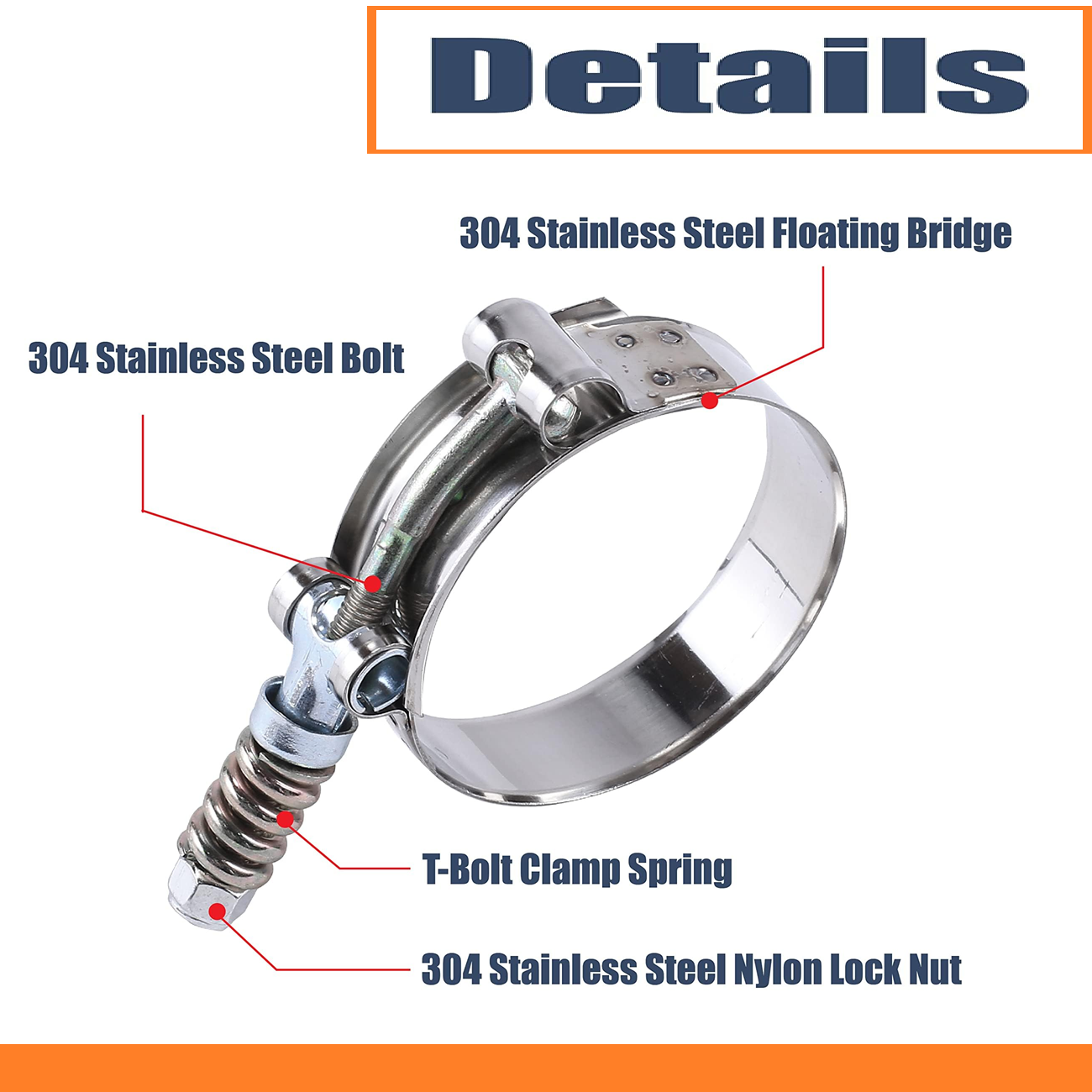 Stainless Steel Spring Loaded T-Bolt Hose Clamps 66-74mm (2 5/8" - 2 15/16") for Semi Truck & Trailer