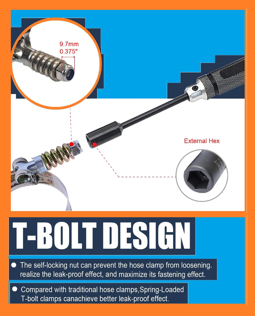 Stainless Steel Spring Loaded T-Bolt Hose Clamps 66-74mm (2 5/8" - 2 15/16") for Semi Truck & Trailer