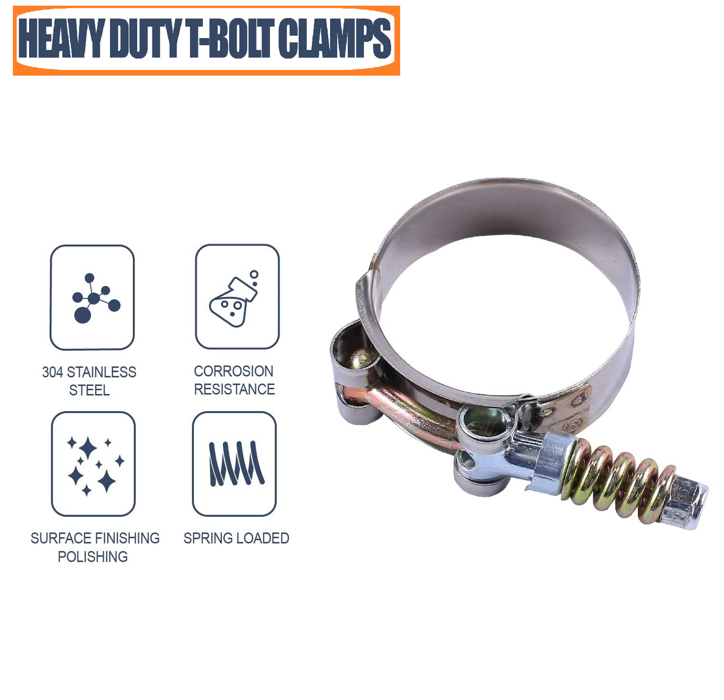 Stainless Steel Spring Loaded T-Bolt Hose Clamps 66-74mm (2 5/8" - 2 15/16") for Semi Truck & Trailer