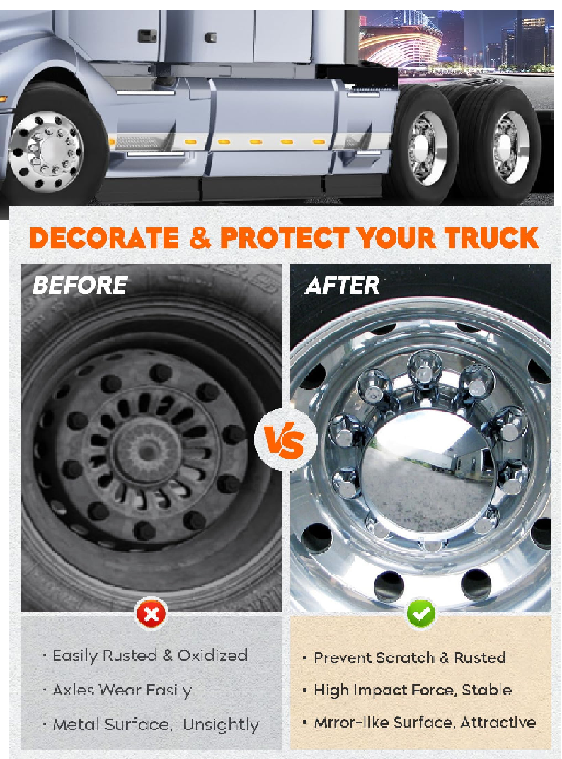 Rear Axle Wheel Cover 33mm Screw-on Lug Nut Cover for Semi Truck, Chrome Plated ABS Plastic, Universal Fit