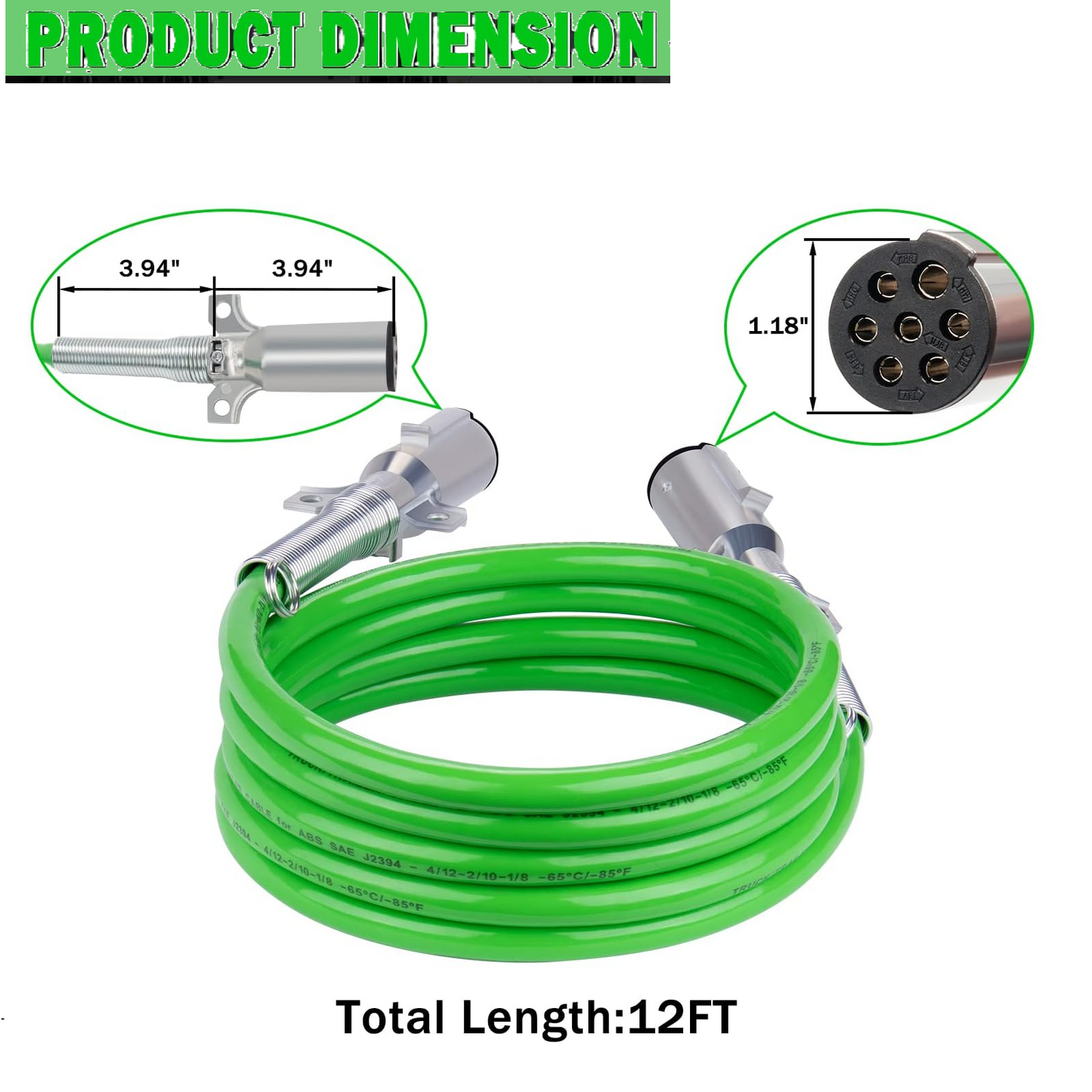 Heavy-Duty 7-Way ABS Trailer Coiled Power Cord – 12-Foot Green Electrical Cable with Flexibility &  Weather Resistance for Semi Trucks, Trailers, and Tractors