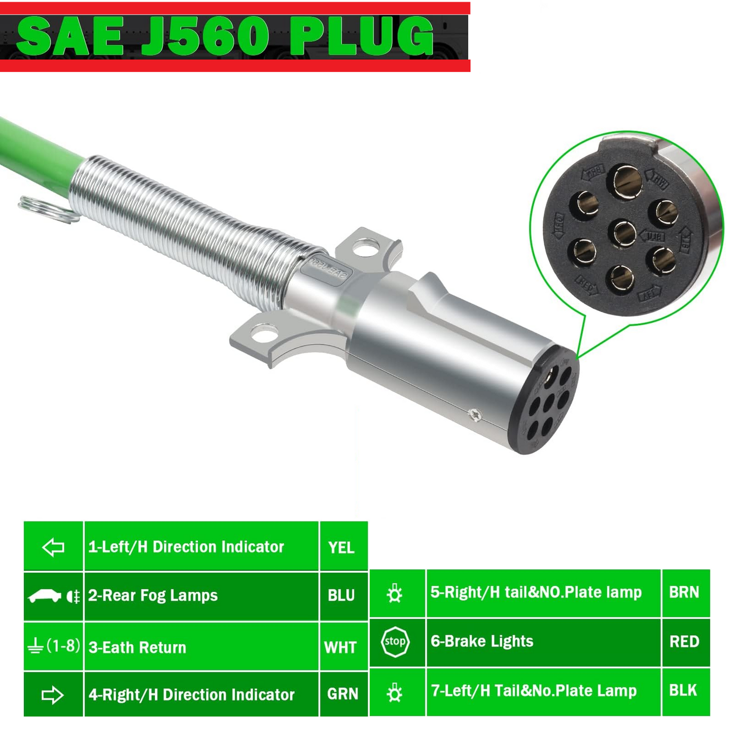 Heavy-Duty 7-Way ABS Trailer Coiled Power Cord – 12-Foot Green Electrical Cable with Flexibility &  Weather Resistance for Semi Trucks, Trailers, and Tractors