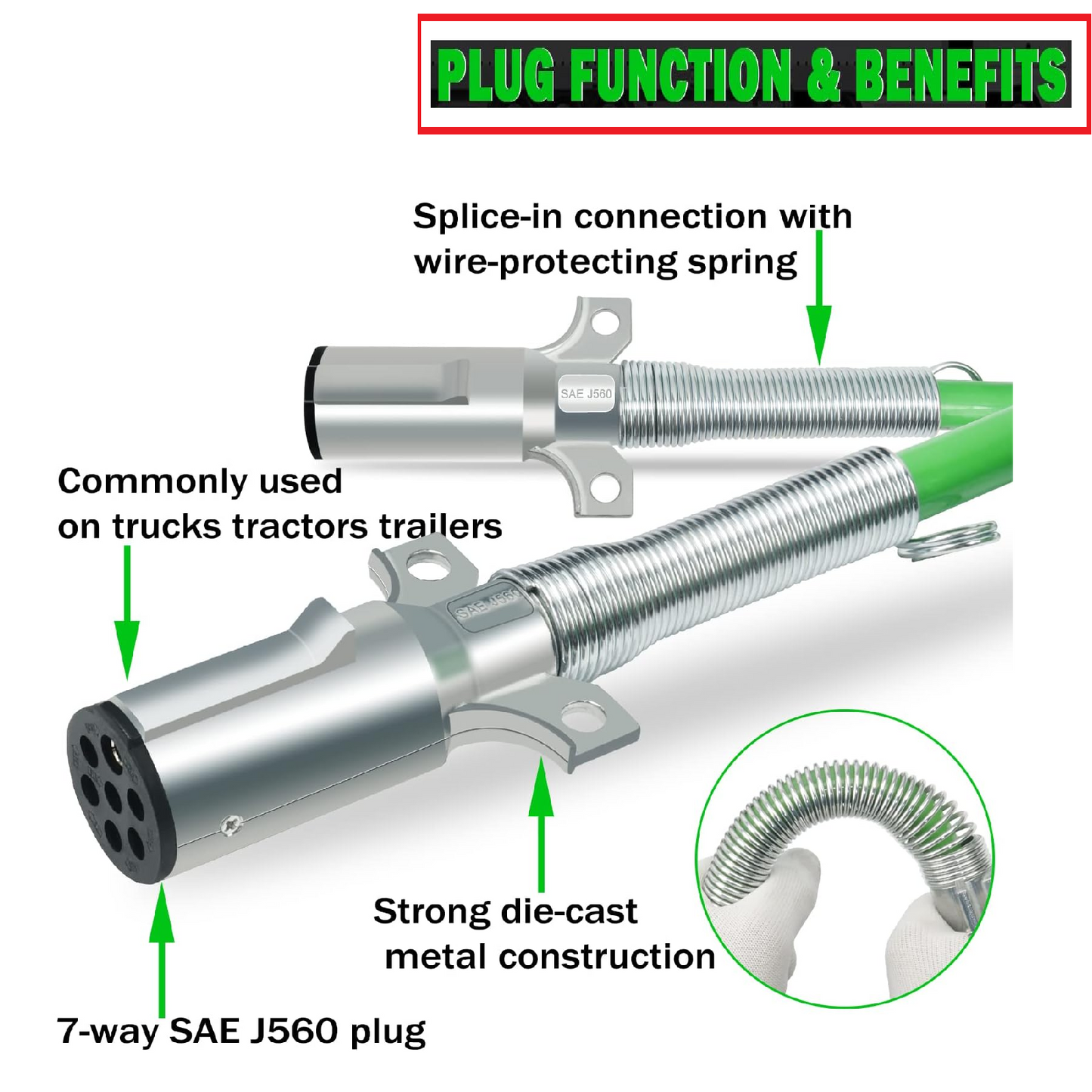 Heavy-Duty 7-Way ABS Trailer Coiled Power Cord – 12-Foot Green Electrical Cable with Flexibility &  Weather Resistance for Semi Trucks, Trailers, and Tractors