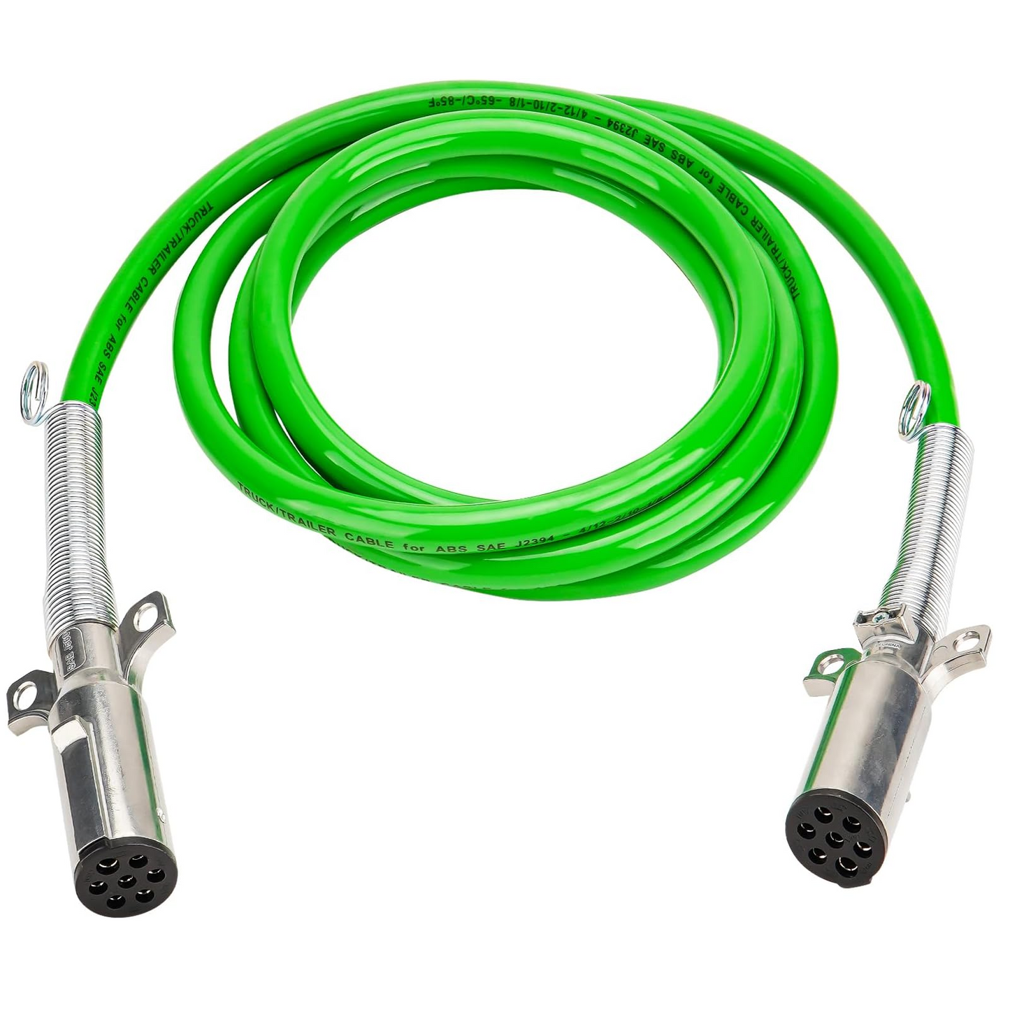 Heavy-Duty 7-Way ABS Trailer Coiled Power Cord – 12-Foot Green Electrical Cable with Flexibility &  Weather Resistance for Semi Trucks, Trailers, and Tractors