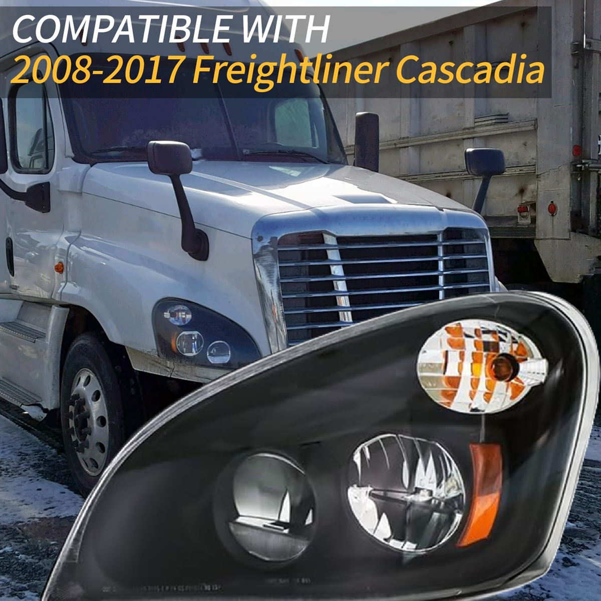 Freightliner Cascadia 2008-2017 Black Reflective Led Headlights, Replacement Headlamp DOT and SAE Approved-Left Driver Side