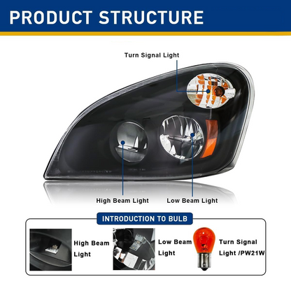 Freightliner Cascadia 2008-2017 Black Reflective Led Headlights, Replacement Headlamp DOT and SAE Approved-Left Driver Side