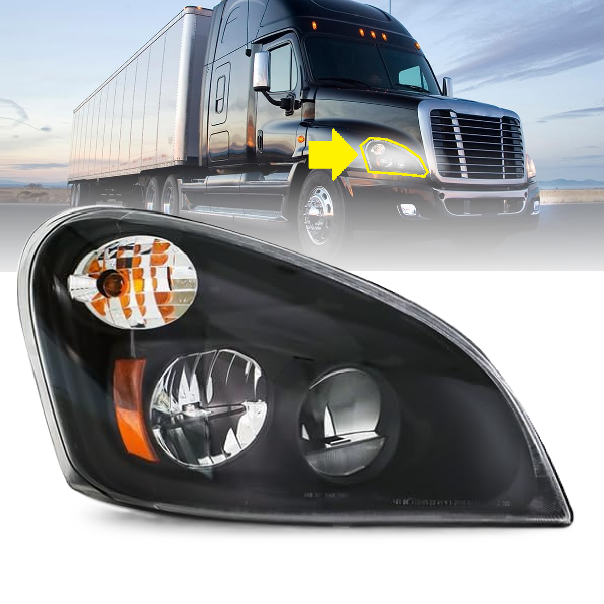 Freightliner Cascadia 2008-2017 Black LED headlight Replacement Headlamp DOT and SAE Approved - Right Passenger Side
