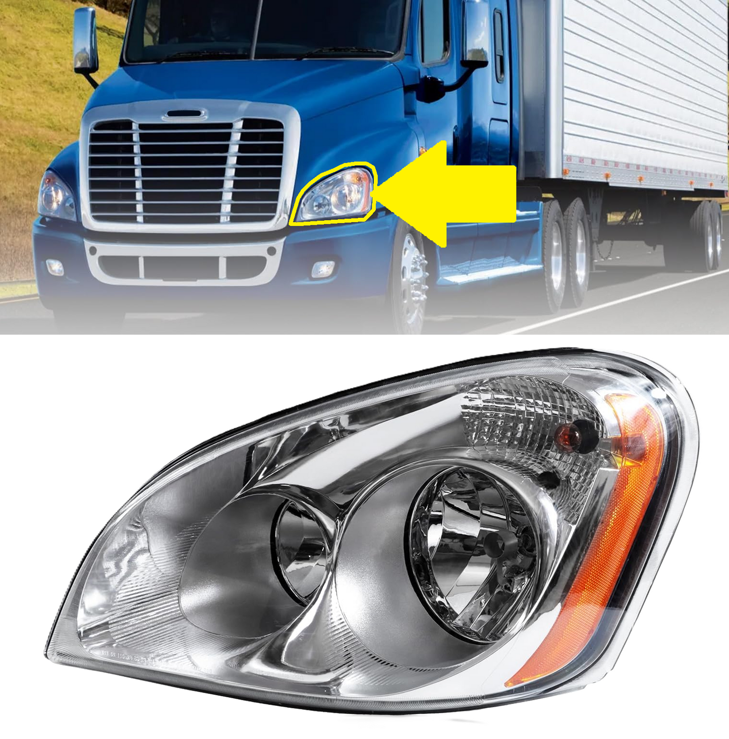 Freightliner Cascadia 2008-2017 Headlamp Left Driver Side | Chrome Housing Halogen Headlight