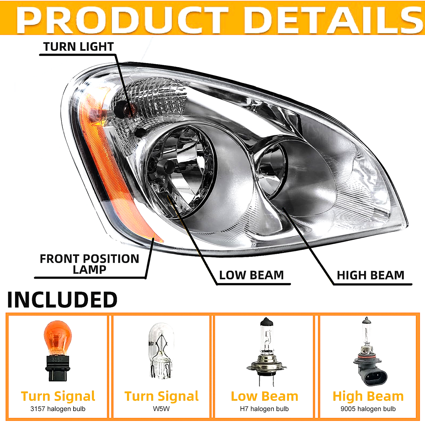 Freightliner Cascadia 2008-2017 Headlamp Right Passenger Side | Chrome Housing Halogen Headlight