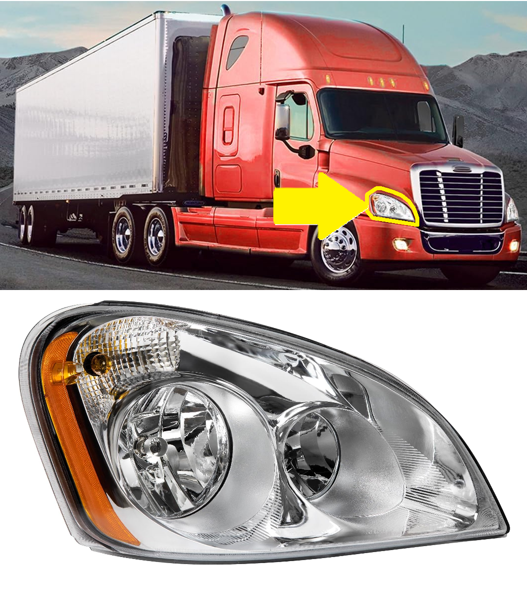 Freightliner Cascadia 2008-2017 Headlamp Right Passenger Side | Chrome Housing Halogen Headlight