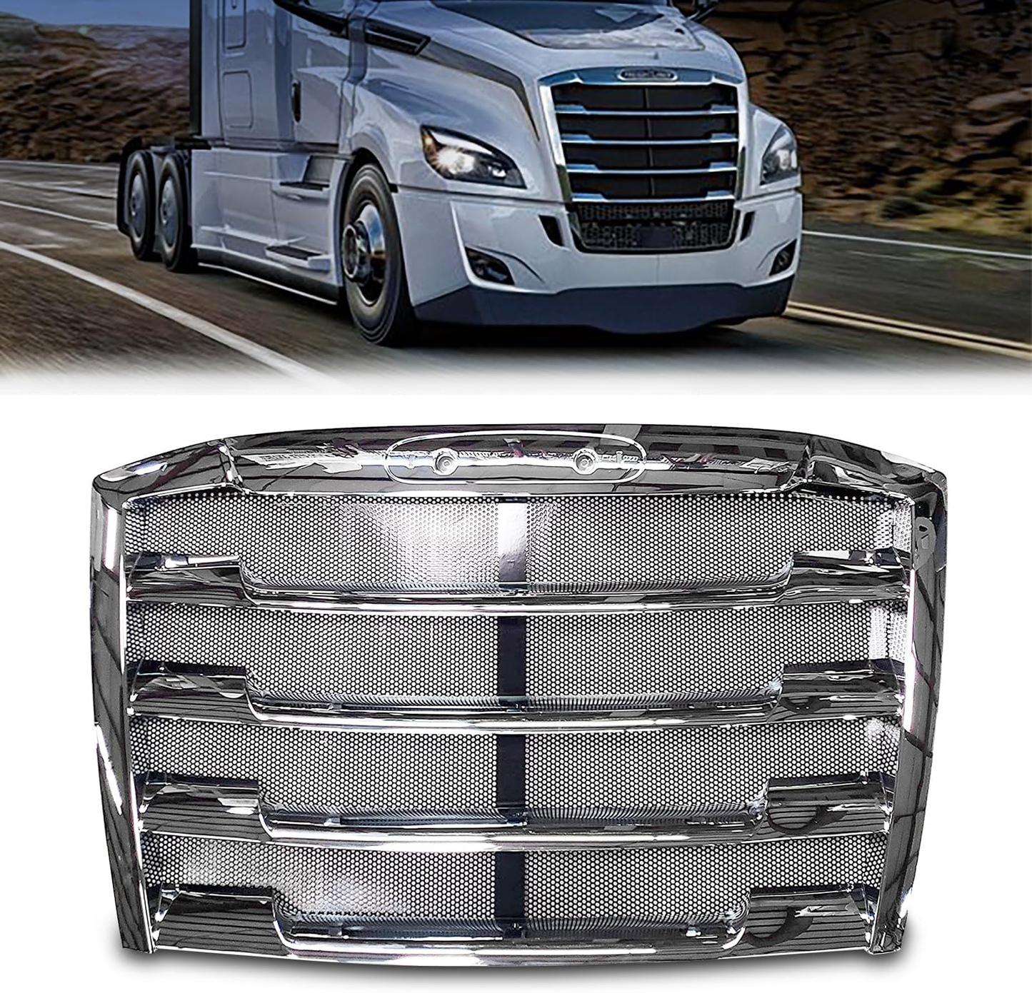 Freightliner Cascadia 2018-Current Chrome Front Radiator Grille Grill with Bug Screen, Replacement 17-20801-001