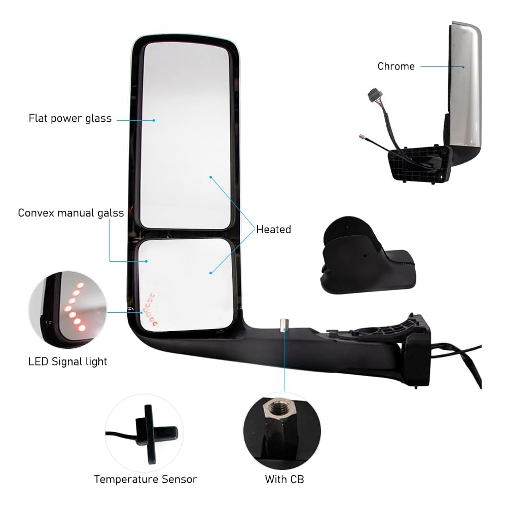 International LT 625 2017+ Door Mirror with Signal Light and CB  Antenna | Chrome Cover