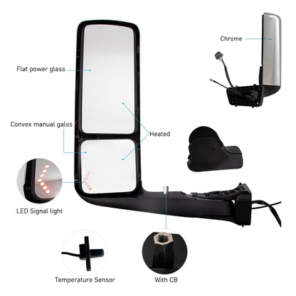 International LT 625 2017+ Door Mirror with Signal Light and CB  Antenna | Chrome Cover